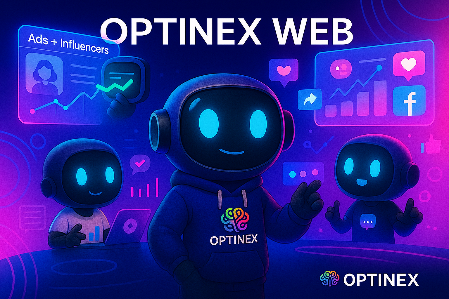 Equipo de marketing digital de Optinex Web colaborando frente a computadoras con pantallas que muestran gráficos de crecimiento, logotipo de Optinex visible en la esquina, ambiente moderno de oficina con luz natural y tono profesional y optimista. Texto en la imagen: Optinex Web Marketing Digital con IA